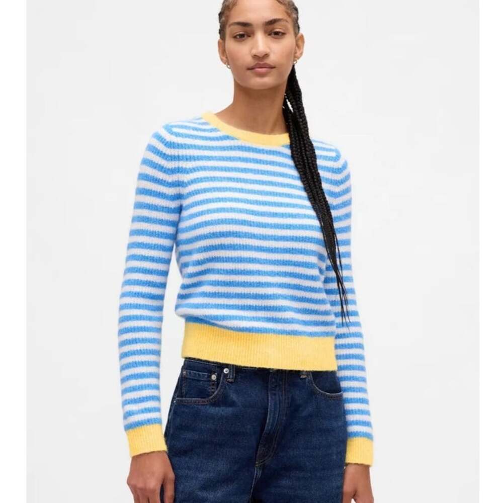 Gap CashSoft Striped Crewneck Sweater Womens M Blue White Yellow Soft Knit